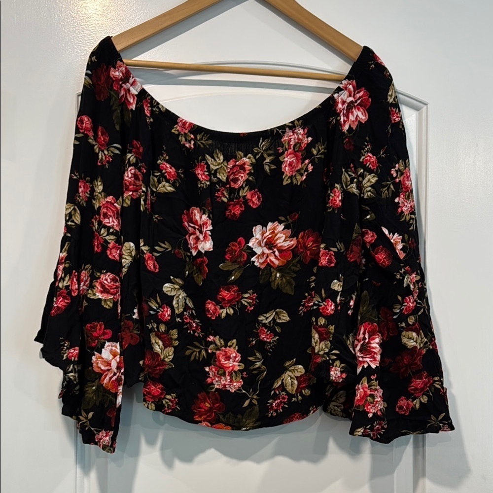 🔵 Ambiance Floral Off-Shoulder Black Top Size XL - Picture 1 of 5